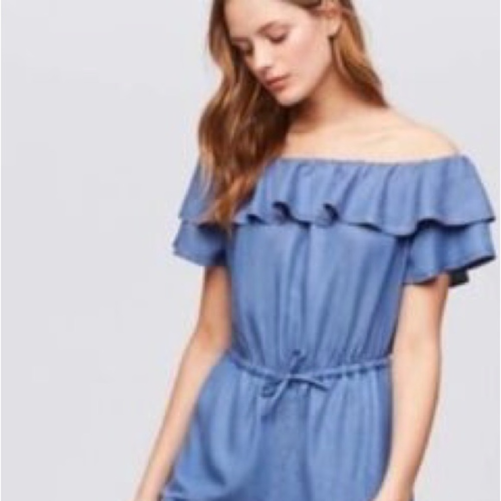 LOFT Chambray Jumpsuit; Pull-on Off the Shoulder